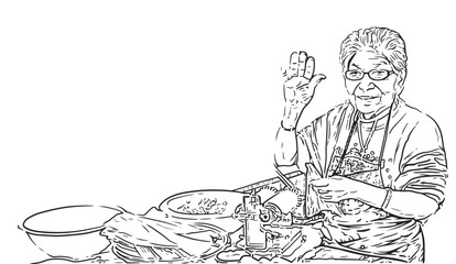 A Grandma chef making fresh pasta in a detailed line art illustration