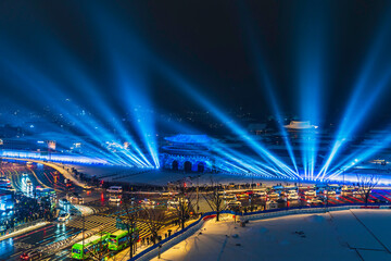 Time lapse of Gyeongbokgung Palace Korean landmark light show in front of Gyeongbokgung Palace and...