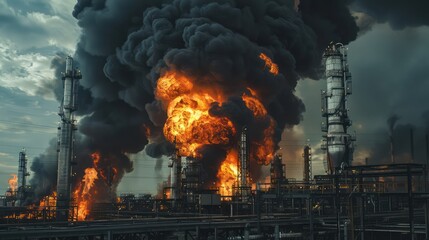 
A devastating fire breaks out at an industrial oil refinery, causing a powerful explosion and engulfing the area in a dense cloud of black smoke. - obrazy, fototapety, plakaty