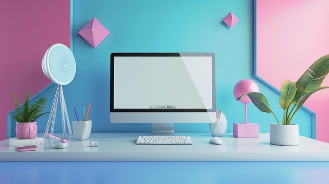 Mock up composition with computer and geometry figures 3d render