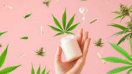 A hand holding a bottle of CBD oil with cannabis leaves and capsules artistically scattered on a pink background. - obrazy, fototapety, plakaty