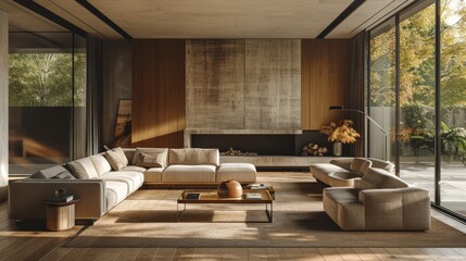 Modern living room interior with elegant sofa set and natural light