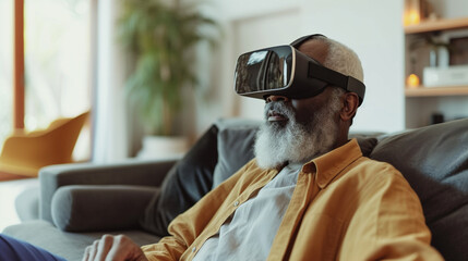 Older black man using virtual or augmented reality headset in home. Senior man with VR glasses in living room. Concept of modern aging.