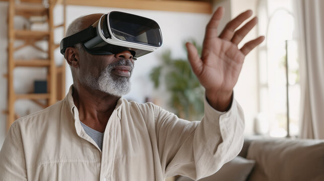 Older black man using virtual or augmented reality headset in home. Senior man with VR glasses in living room. Concept of modern aging.