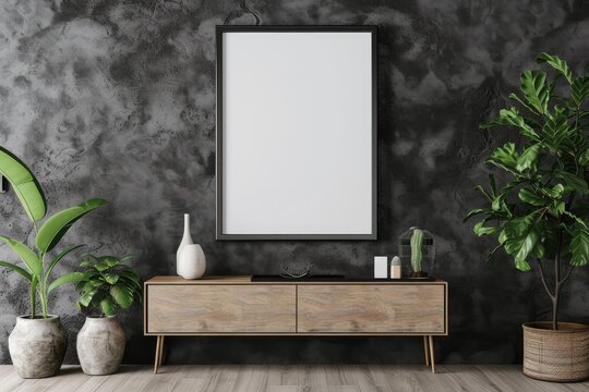 White mockup frame on cabinet in living room interior with empty dark wall background