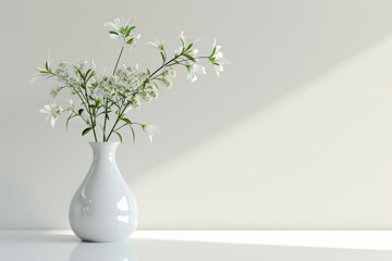 White vase with white flowers on a white background.