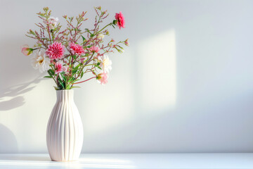 Flowers in vase on white wall background. Copy space.