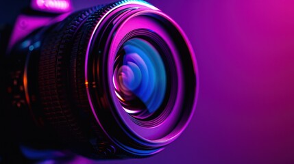 Close-up of a black camera lens against a vibrant neon purple background.