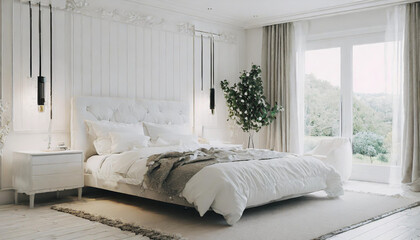 Interior of modern bedroom with white walls, wooden floor, comfortable king size bed and wooden wardrobe. 3d render