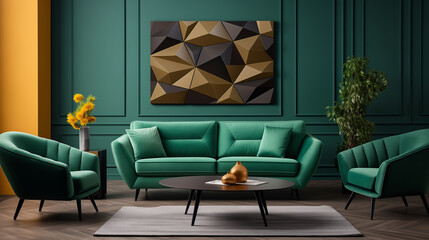 Chic Interior Design Featuring Teal Sofas and Abstract Geometric Wall Decor