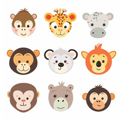Cute baby safari animal faces vector illustration. The set includes a tiger, lion, elephant, giraffe, zebra, hippo, rhino, and monkey
