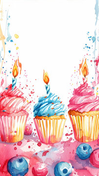 Birthday cupcakes with burning candles isolated on white background. Watercolor illustration