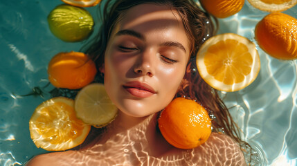 Beautiful Young Girl's Portrait In Pool With Fresh Tropical Fruits. Sexy Model Relaxing