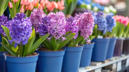 Display of multiple pots of blue-violet flowering hyacinths arranged on a shelf, whether in a floristic store or at a street market.





 - obrazy, fototapety, plakaty
