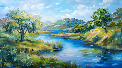 Natural hand painting with river and hills, oil paint on canvas