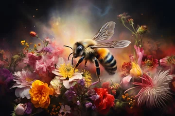 Foto op Aluminium a bee flying in a flower bouquet © White