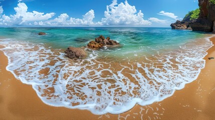 Stunning morning panoramic view with beach under a clear sky. perfect wallpaper for a calming nature scene