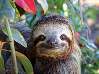 Fototapeta premium A smiling sloth hanging from a tree with a joyful expression.