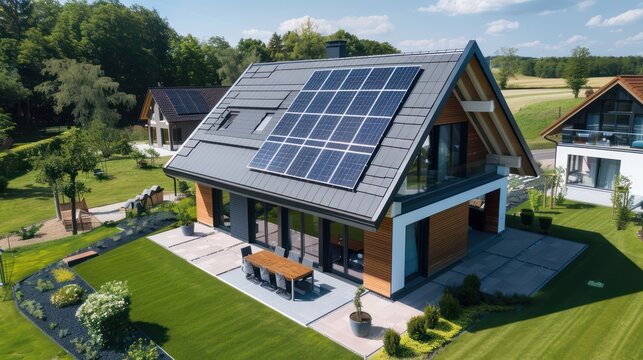 New modern eco friendly passive house with a photovoltaic system on the roof and landscaped yard. Solar panels on the gable roof