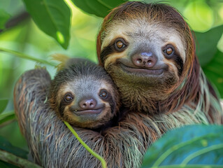 Fototapeta premium Sloth mother with baby, nestled among tropical foliage, sharing a tender moment.