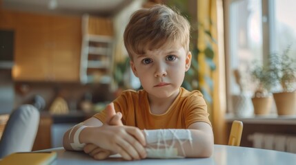Little boy with a cast on his arm sitting at a table looking somber