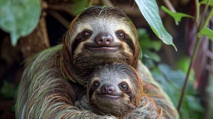 A mother sloth with her baby, showcasing a warm familial bond.