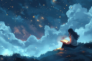 Obraz na płótnie Canvas Girl reading book on starry night. Illustration World Book Day