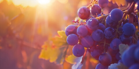 Bunch of ripe blue grapes in the vineyard in the sunset sunlight, distillery - obrazy, fototapety, plakaty
