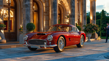 Classic Elegance: Vintage Car and Dapper Gentleman at a Luxurious Estate - AI-generated digital art