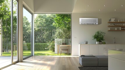 Fototapeta premium an air source heat pump installed in a residential building, symbolizing the shift towards sustainable and clean energy practices at home.