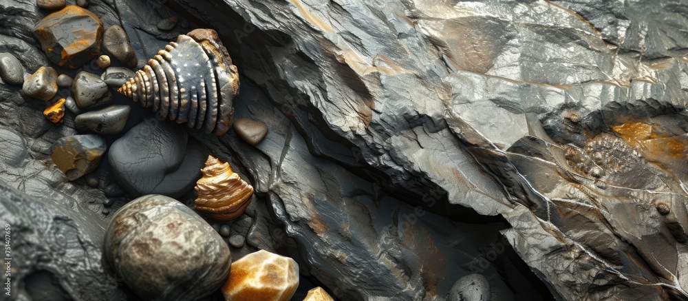 Poster a detailed view of a rock with a shell resting on its surface, showcasing the intricate textures and