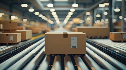 a cardboard box packages warehouse fulfillment center, with products stored and ready for distribution on a conveyor system, preparing their products for delivery to customers.
