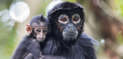 Spider monkey mother and her infant sharing a tender moment in the forest.