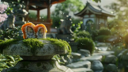 A serene temple garden with a heart-shaped sushi roll placed reverently on a stone altar, a symbol of harmony and balance.