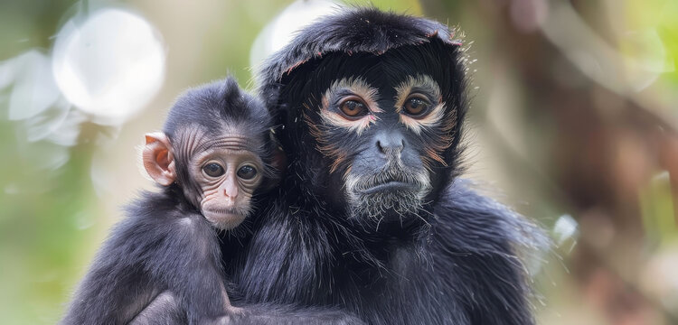 Spider monkey mother and her infant sharing a tender moment in the forest.