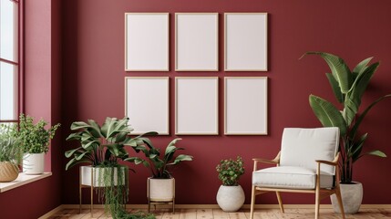 Fototapeta na wymiar Modern interior design with gallery wall of mock-up frames