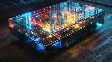 Vibrant holographic urban cityscape model with neon lighting, symbolizing advanced urban development and smart city concept for technology and architecture background