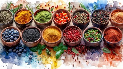 Fototapeta premium Artistic Watercolor of Vibrant Spice Arrangement. Generative ai