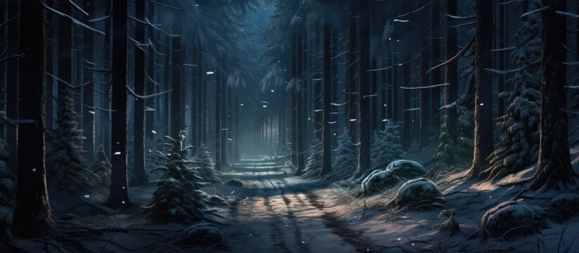 The dark forest is covered in a thick layer of snow, creating a stark contrast against the tall trunks of fir, spruce, and cedar trees. Shadows dance among the wintry evergreen woods, giving the scene