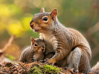 Naklejka na ściany i meble A mother squirrel protecting her baby in the forest.