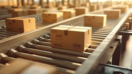 a cardboard box packages warehouse fulfillment center, with products stored and ready for distribution on a conveyor system, preparing their products for delivery to customers.