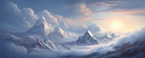 Nature's ethereal canvas, a mountain summit veiled in clouds, offering a panoramic view of the wild and untamed landscape adorned with a blanket of snow - obrazy, fototapety, plakaty