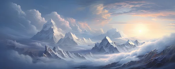 Fotobehang Nature's ethereal canvas, a mountain summit veiled in clouds, offering a panoramic view of the wild and untamed landscape adorned with a blanket of snow © Coosh448