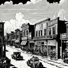 An old far west town burning  in fire, a saloon building in the middle,  black and white, red flames, cowboys in the streets,  classic comic style