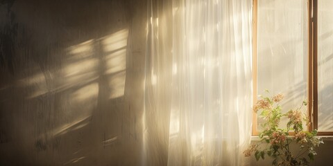 Sunlight streaming through a window illuminating a sheer, flowing curtain, creating a calming and airy atmosphere