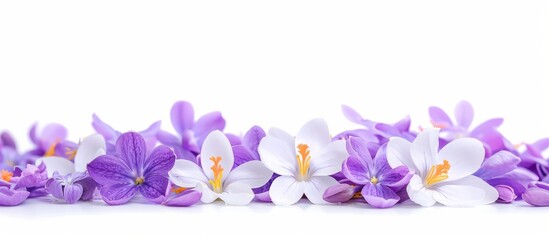 Beautiful purple crocus flowers blooming on clean white background, spring floral concept