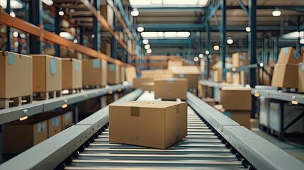 a cardboard box packages warehouse fulfillment center, with products stored and ready for distribution on a conveyor system, preparing their products for delivery to customers.