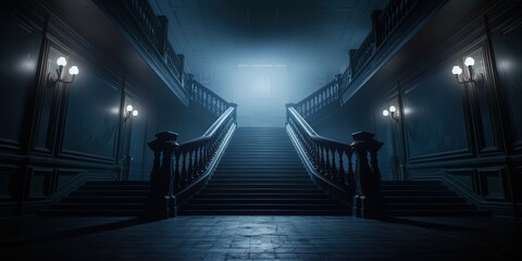 As the fog settles, a symmetrical staircase beckons with its handrail glowing in the light, leading...