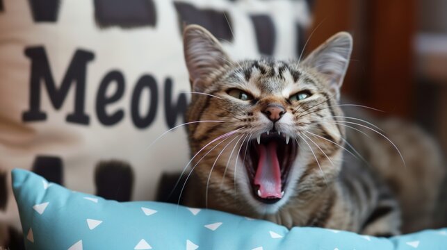 Fauchende Katze zwischen Kopfkissen. Katze verteidigt ihre Kissen auf dem Sofa mit offenem Maul und zeigt die Z&auml;hne. 