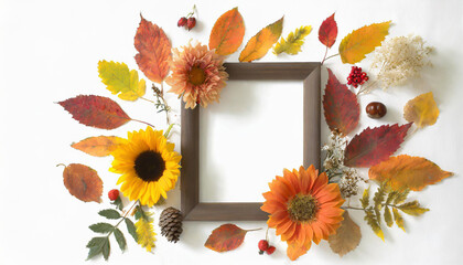 Autumn themed photo frame with flowers and leaves on a white background representing the concept of fall and Thanksgiving